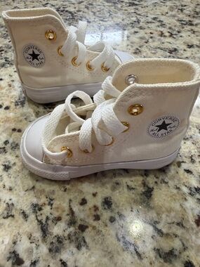 Converse Kids High Top Canvas Sneakers in Off-White with Gold Eyelets